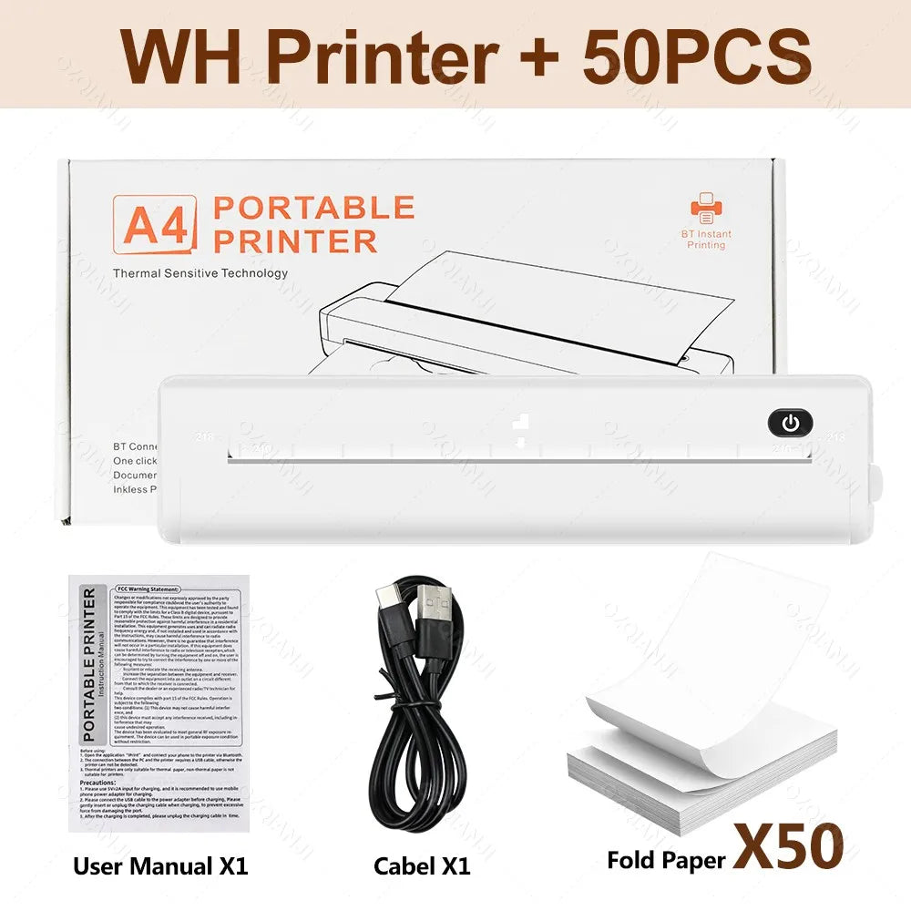 A4 Wireless Bluetooth PDF Printer Mini Portable Thermal Mobile Maker for Home Office PDF Photo Print with 50Pcs Thermal Paper