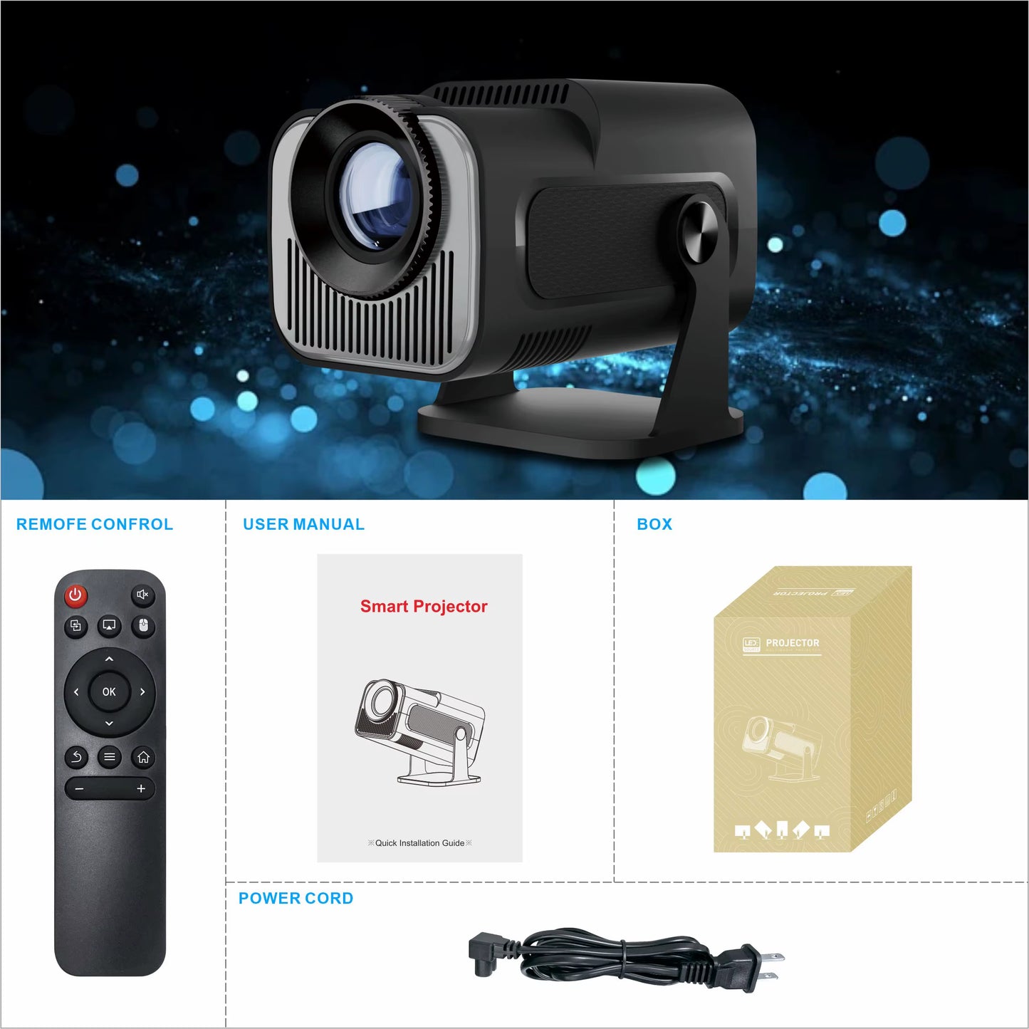 Hy-320Mini Portable Newly Native 720P Allwinner H713 Android11 4K Projector 320ANSI Wifi6 BT5.0 Cinema Outdoor Rotable Projector