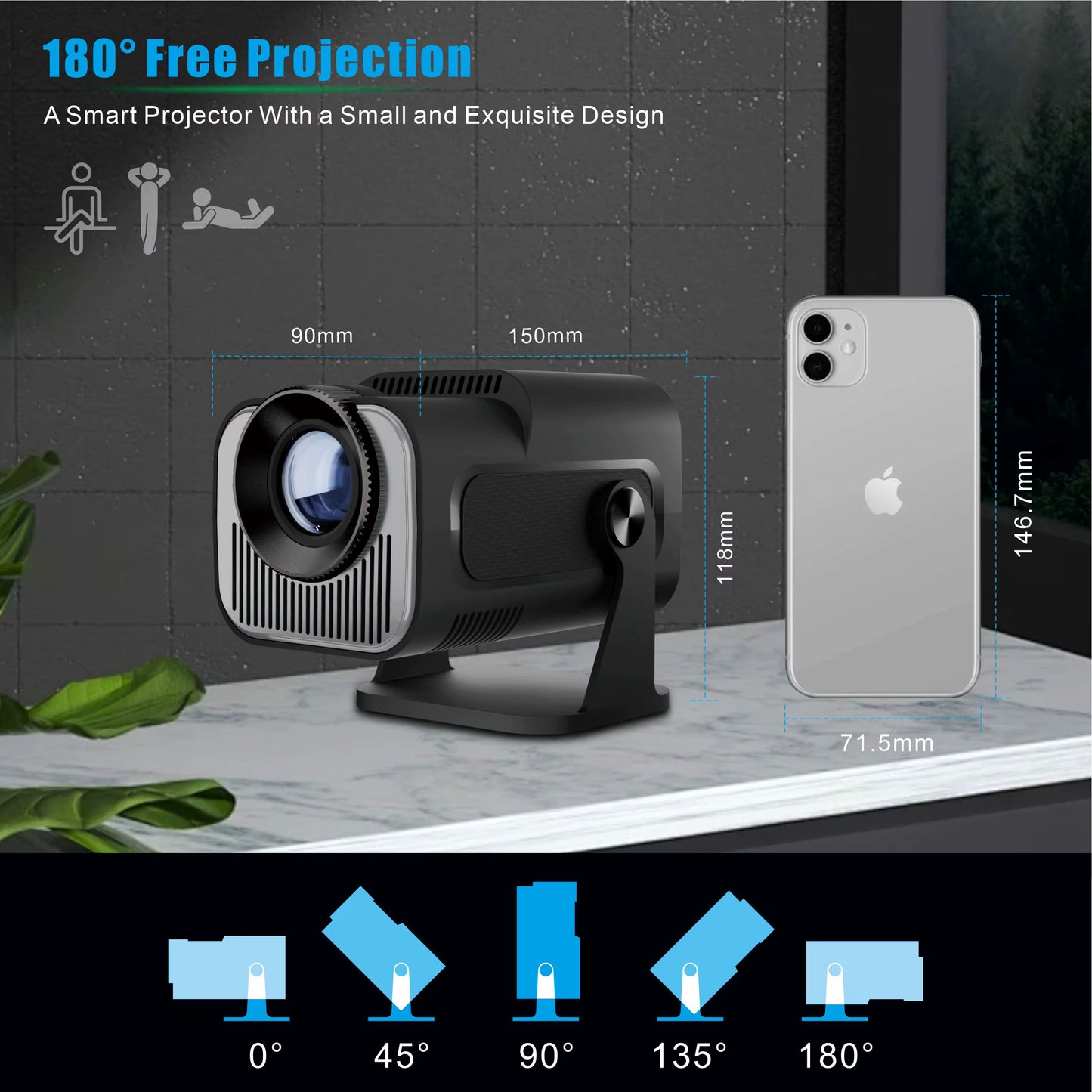 Hy-320Mini Portable Newly Native 720P Allwinner H713 Android11 4K Projector 320ANSI Wifi6 BT5.0 Cinema Outdoor Rotable Projector