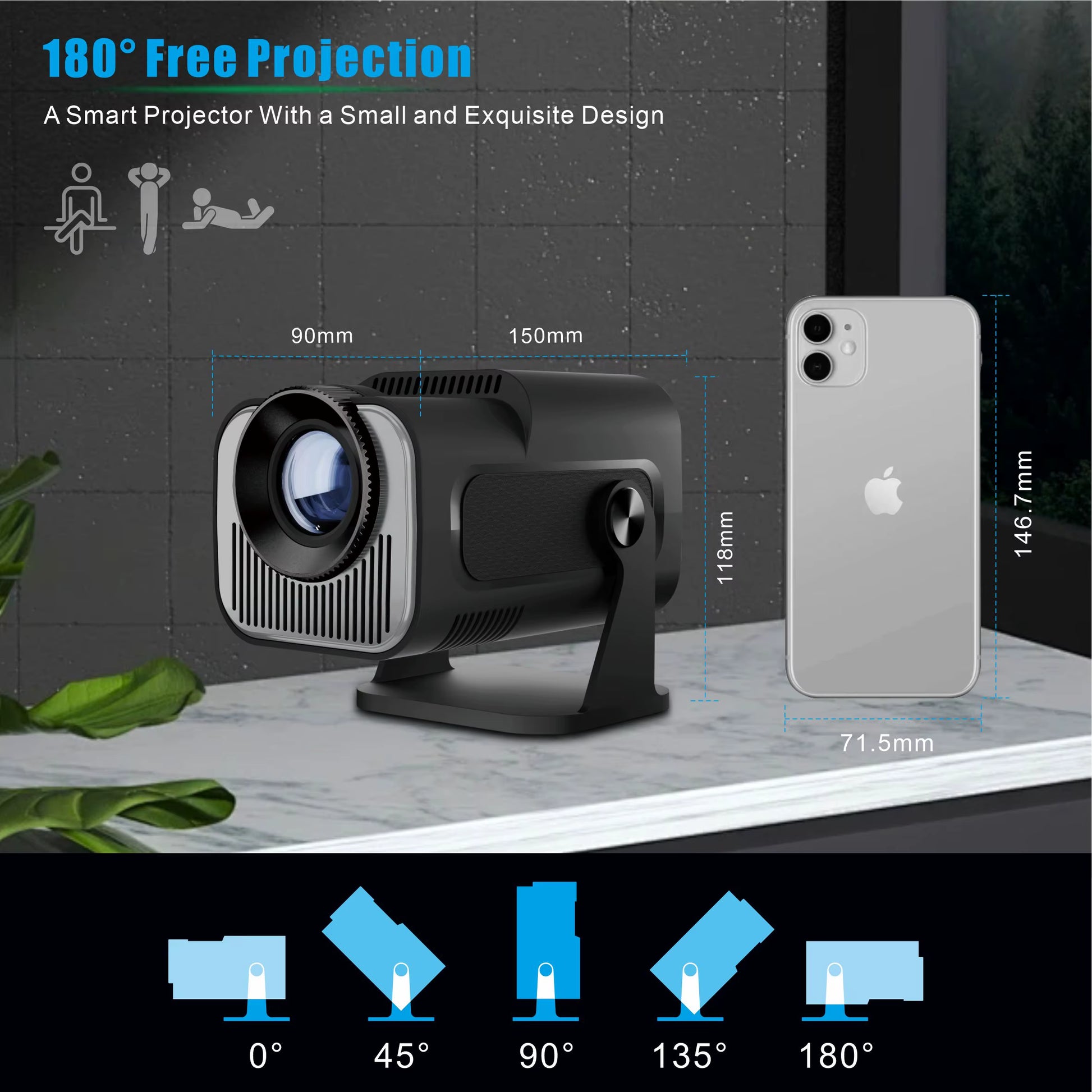 Hy-320Mini Portable Newly Native 720P Allwinner H713 Android11 4K Projector 320ANSI Wifi6 BT5.0 Cinema Outdoor Rotable Projector