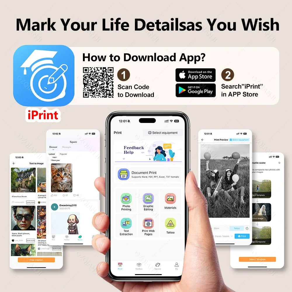 A4 Wireless Bluetooth PDF Printer Mini Portable Thermal Mobile Maker for Home Office PDF Photo Print with 50Pcs Thermal Paper