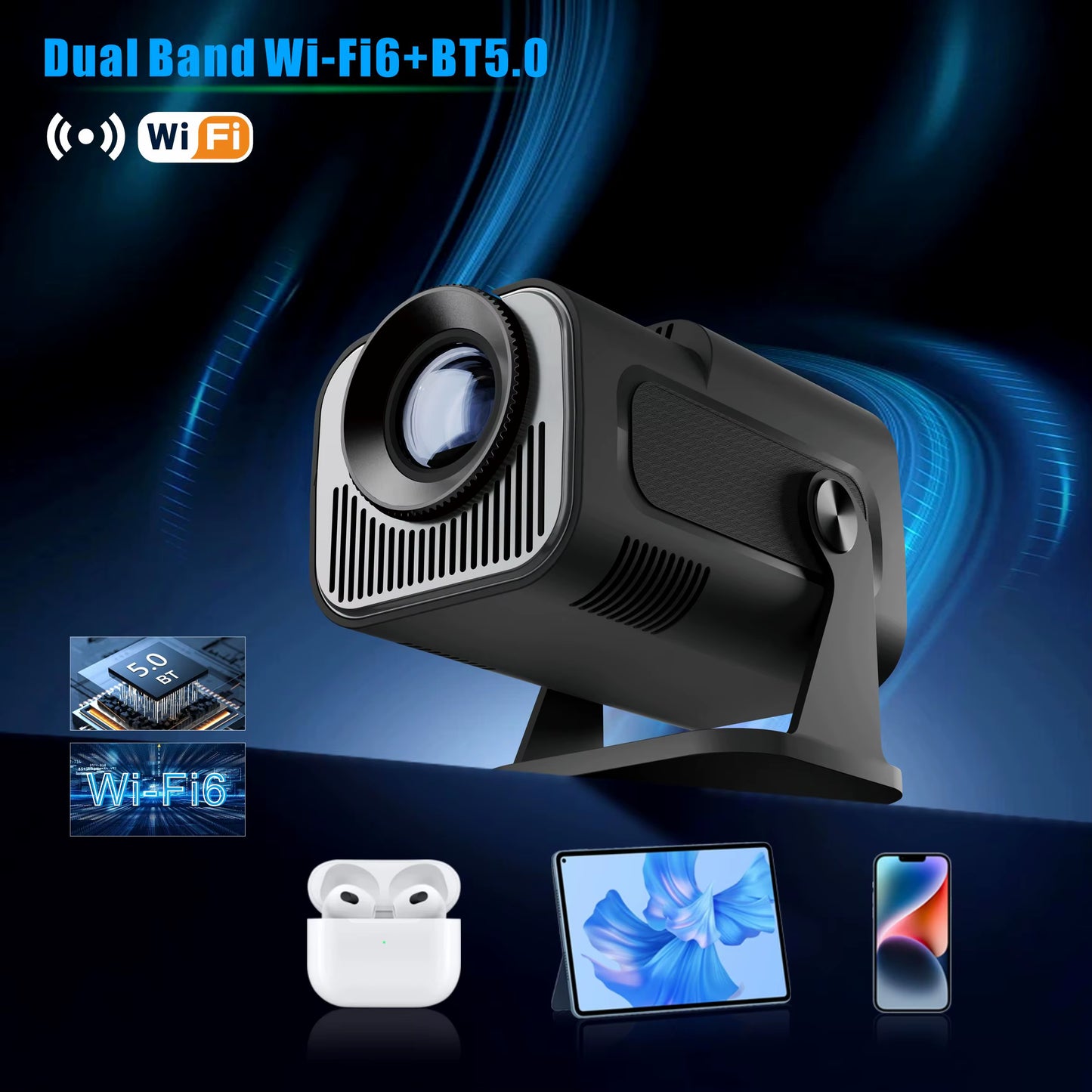 Hy-320Mini Portable Newly Native 720P Allwinner H713 Android11 4K Projector 320ANSI Wifi6 BT5.0 Cinema Outdoor Rotable Projector