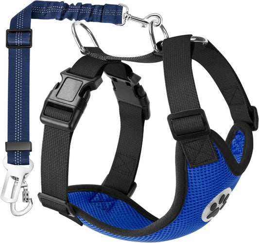 Dog Seat Belt - Adjustable Dog Car Harness for Large, Medium & Small Dogs, Soft Padded & Breathable Mesh Dog Seatbelt with Car Vehicle Connector Strap (Blue Double Clip, Medium)